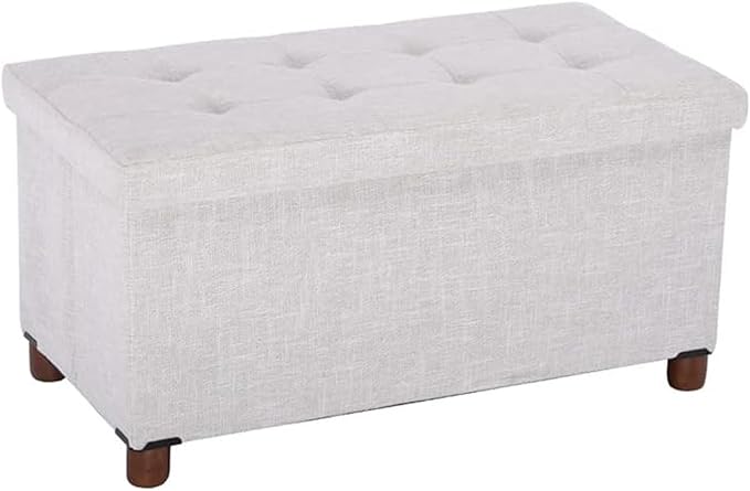 30 Inches Storage Ottoman Bench, Storage Bench with Wooden Legs for Living Room Folding Ottoman Foot Rest Removeable Lid for Bedroom End of Bed, Linen Fabric