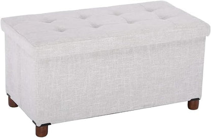 30 Inches Storage Ottoman Bench, Storage Bench with Wooden Legs for Living Room Folding Ottoman Foot Rest Removeable Lid for Bedroom End of Bed, Linen Fabric