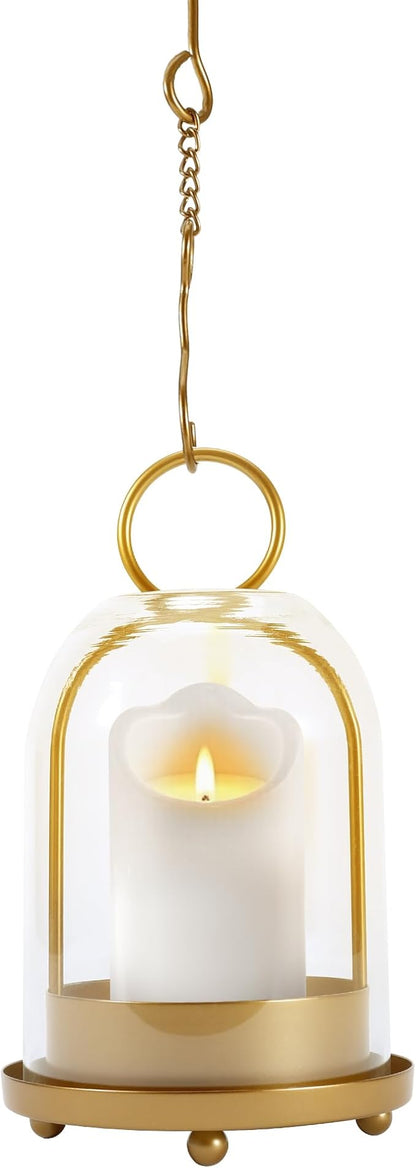 Hurricane Glass Candle Holder, Medium Brass Lanterns Hurricane Candlestick Holder for Pillar Candles Vintage, Gold Metal Rustic Farmhouse Decor with Hook Chains