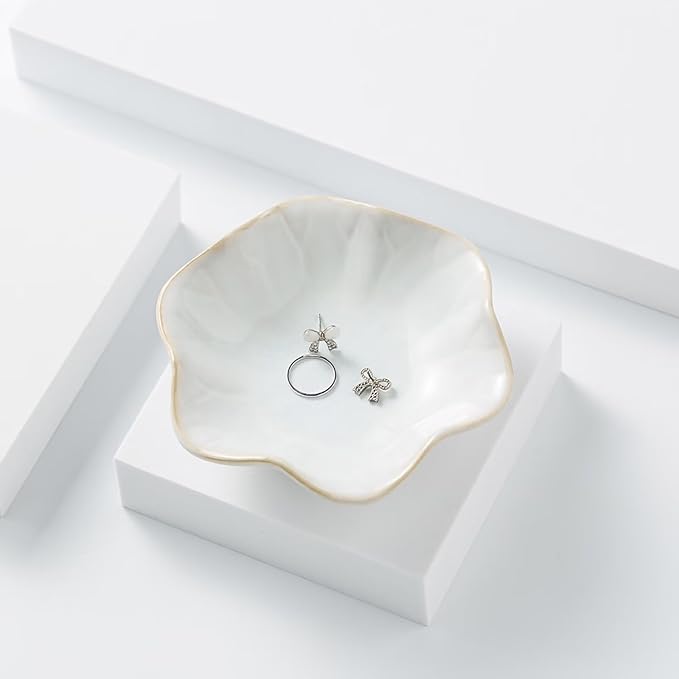 2Pcs Ceramic Jewelry Dish - Lotus Leaf Shape, for Ring Holder Necklace Small Key, Suitable for Mother Friend Sister, Gifts for Women, Cute Plate Trinket Tray, Home Decor (Light Blue & White)