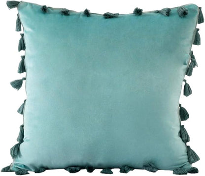 vctops Velvet Soft Solid Decorative Throw Pillow Cover with Tassels Boho Accent Cushion Case for Couch Bedroom Car Water Green 18''x18''
