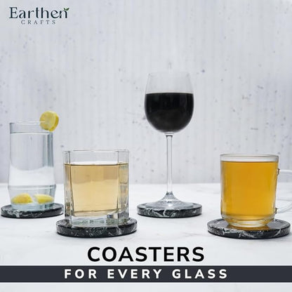 Marble Coasters Set of 4 for Drinks 4 Inches Round Black Stone Drink Coaster, Decorative for Coffee Table Decor, Kitchen Counter & Ideal