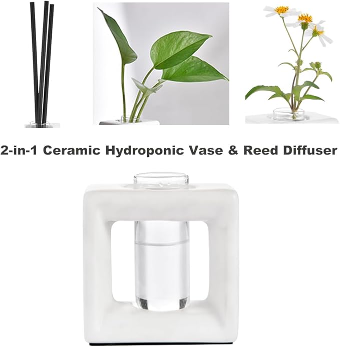 ORGJ Ceramic Propagation Station - 2-in-1 Water Propagation Vase & Aroma Diffuser for Plants, Geometric Propagation Tubes with Plant Rooting Containers, Modern White Decor