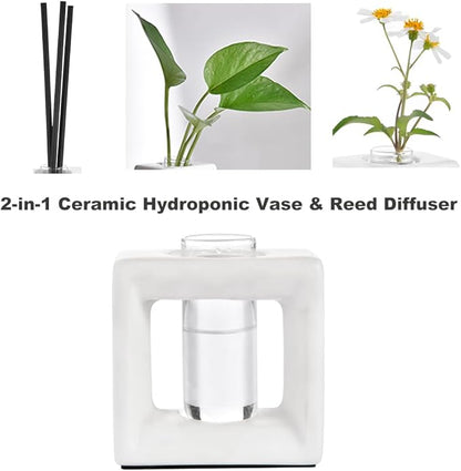 ORGJ Ceramic Propagation Station - 2-in-1 Water Propagation Vase & Aroma Diffuser for Plants, Geometric Propagation Tubes with Plant Rooting Containers, Modern White Decor