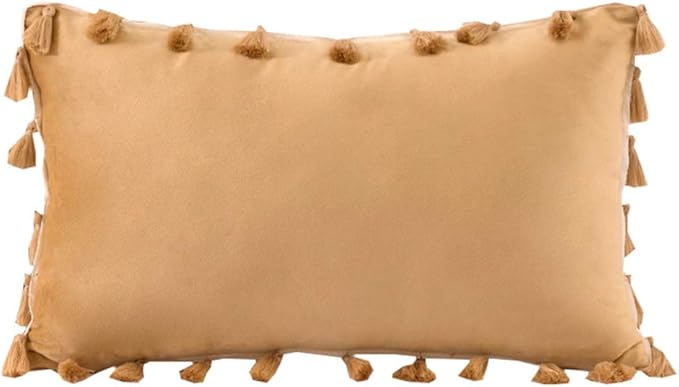vctops Velvet Soft Solid Decorative Throw Pillow Cover with Tassels Boho Accent Cushion Case for Couch Bedroom Car Khaki 12''x20''