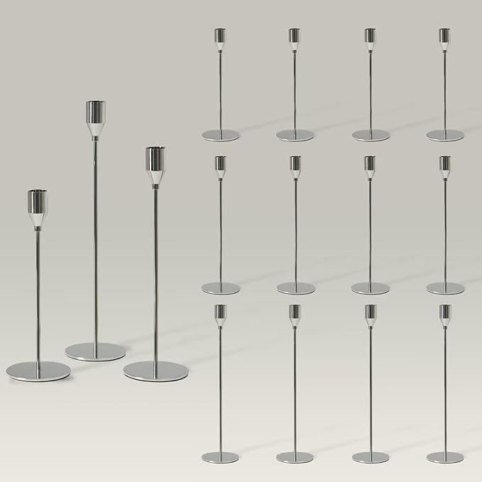 Solid Taper Candle Holders Set of 15 Bulk, Luxury Silver Long Skinny Candlestick (Heights: 9/11/13 Inch), Heavy Iron Anti-Slip Base for Fireplace Mantle Table Centerpiece Dining Decor