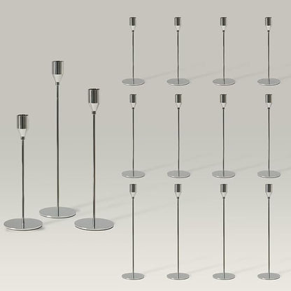 Solid Taper Candle Holders Set of 15 Bulk, Luxury Silver Long Skinny Candlestick (Heights: 9/11/13 Inch), Heavy Iron Anti-Slip Base for Fireplace Mantle Table Centerpiece Dining Decor