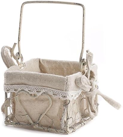 White Washed Chicken Wire Basket with Natural Linen Liner and Heart Accent. Use The Small Basket in Cottage, Coastal or Farmhouse Home Decorating