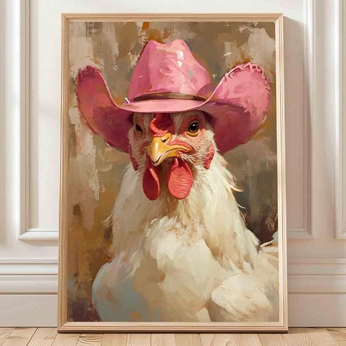 Farm Animal Prints Farmhouse Chicken Artwork Funny Animal Wall Art Vintage Cowboy Print Hen Rooster Painting Vintage Western Cowboy Posters Western Chicken Picture Home Decor 16x24inch No Frame