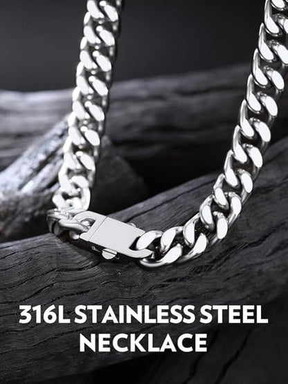 Bandmax Mens Stainless Steel Chain Necklaces 5/7/9/12MM Chunky Miami Cuban Link Chain Necklace Bracelet Silver/Gold Plated/Black Chains for Men 18"-30"