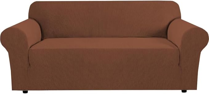 H.VERSAILTEX Stretch Couch Covers for Sofa 1 Piece Slipcovers for Couches and Sofas 3 Seater Couch Cover Feature Thick Checked Jacquard Fabric with Elastic Bottom(Large Sofa 90"-100" Wide, Caramel)