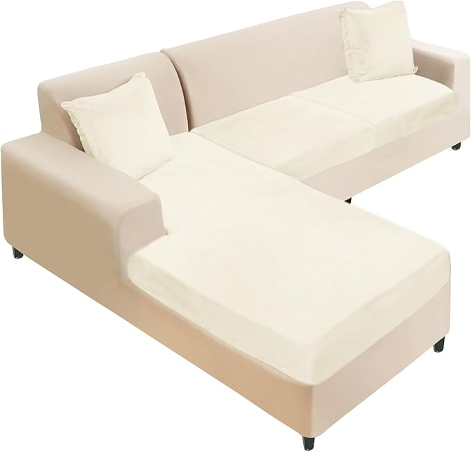 NAISI Sectional Couch Cover 3 Pieces Velvet Separate Couch Cushion Covers L Shape Soft Stretch Sofa Slipcovers with 2pcs Pillowcases for Left/Right Chaise Sectional Couch(2 Seater+1 Chaise,Cream)