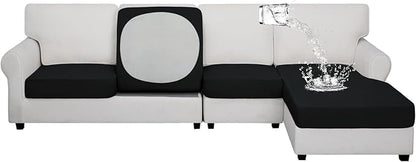 Easy-Going 100% Waterproof 4 Pieces Couch Cushion Covers for Sectional Sofa Left/Right L Shape Chaise Lounge Sofa Seat slipcover Anti-Slip Sofa Cover (3 Seater + 1 Chaise, Black