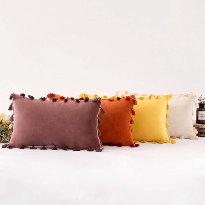vctops Velvet Soft Solid Decorative Throw Pillow Cover with Tassels Boho Accent Cushion Case for Couch Bedroom Car Orange 12''x20''