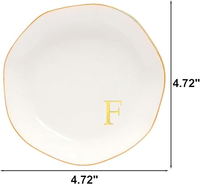 Ceramic Jewelry Tray Initial Ring Dish Personalized A-Monogrammed Engagement Wedding Gifts, for Birthday Mother's Day Christmas for Women, Ceramic White 4.75" (F)