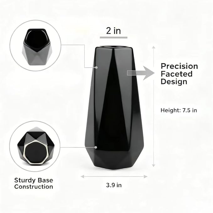 Modern Black Ceramic Vase, 7.5 Inch Geometric Flower vases, Minimalist Design for Table Shelf Centerpiece Home Decor Fit for Housewarming, Weddings, Birthday,Christmas