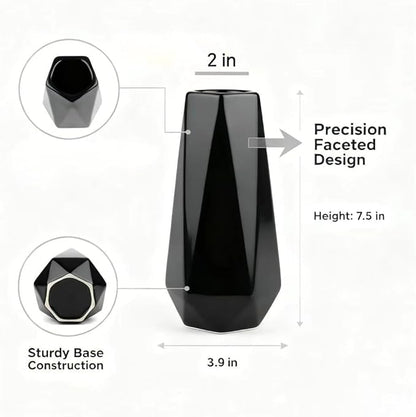 Modern Black Ceramic Vase, 7.5 Inch Geometric Flower vases, Minimalist Design for Table Shelf Centerpiece Home Decor Fit for Housewarming, Weddings, Birthday,Christmas
