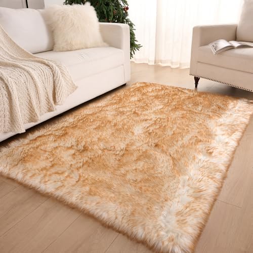 Fluffy Faux Fur Rug White Yellow Sheepskin Area Rug,4x6 Ft Ultra Soft Shaggy Plush Rug for Bedroom Bedside Living Room Nursery Kids Room