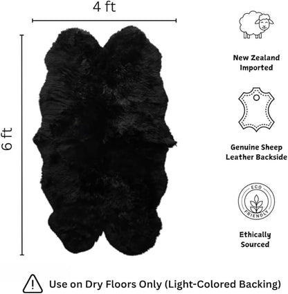 Woolous Sheepskin Rug 4x6 – Genuine New Zealand Large Quad Real Natural Lambskin Area Rug Carpet for Bedroom, Living Room, and Nursery Décor（Black,Quad pelt 4x6）