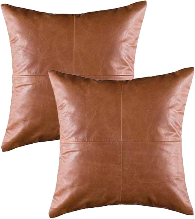 Lambskin Leather Pillow Cover - Sofa Cushion Case - Decorative Throw Covers for Living Room & Bedroom, 18x18 Inches - Tan Pack of 2
