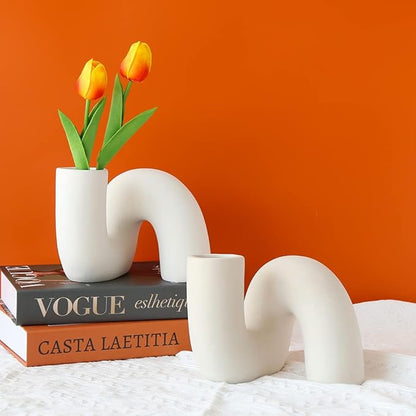 White Ceramic Flower Vase for Decor,Modern Minimalist Abstraction Vases,Farmhouse Decorative vase for Centerpieces,Kitchen,Office, Living Room,Wedding Floral Decoration (White)