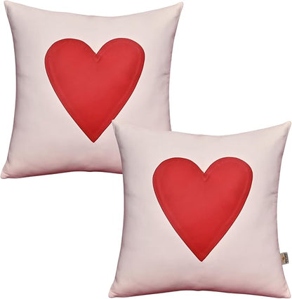 Genuine Lambskin Leather Pillow Cover, 22x22 Inch Case for Lumbar Throw Couch Pillows, Thick & Soft Cushion Covers for Sofa Bed Home Décor (Red Heart & White Plain Pack of 2)