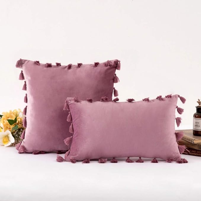 vctops Velvet Soft Solid Decorative Throw Pillow Cover with Tassels Boho Accent Cushion Case for Couch Bedroom Car Pink Purple 20''x20''