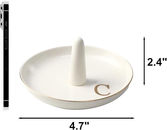 Ceramic Initials Jewelry Tray Ring Dish With Personalized C-Monogrammed Engagement Wedding Gifts, for Birthday Mother's Day for Women, Ceramic White 4.7" x2.4"