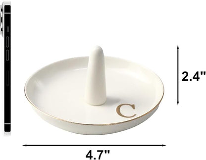 Ceramic Initials Jewelry Tray Ring Dish With Personalized C-Monogrammed Engagement Wedding Gifts, for Birthday Mother's Day for Women, Ceramic White 4.7" x2.4"