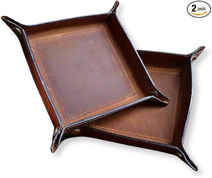 Tolredo Handmade Top Grain Leather Valet Tray – Elegant Organizer for Wallet, Keys, and Phone – Rich Brown (Pack of 2)