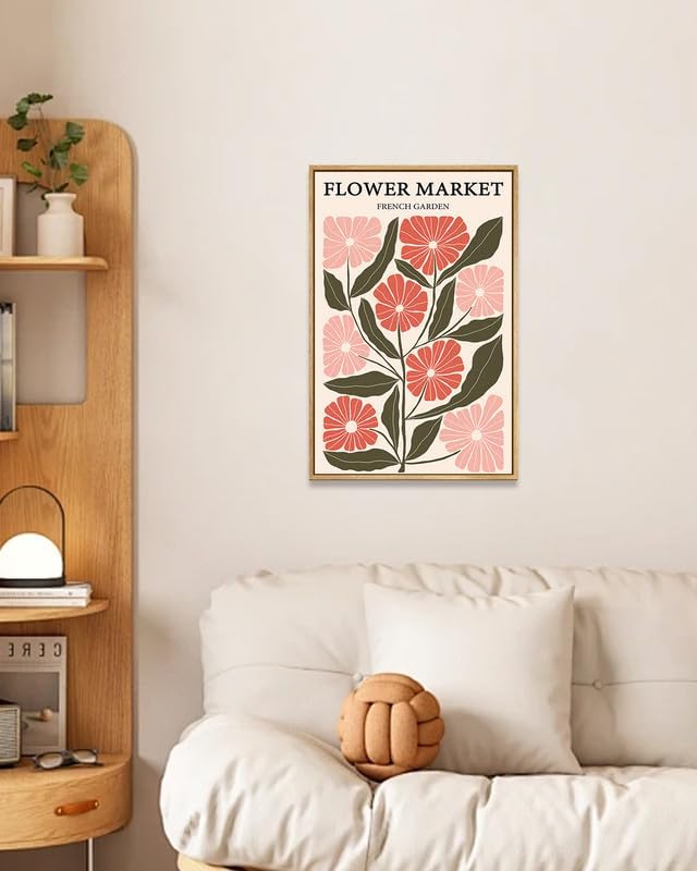 Zzuyi Framed Flower Market Wall Art,Vintage Flower Pictures,Pink Wildflower Botanical Posters Prints Pictures Artwork for Bedroom Living Room 12x16 Inch