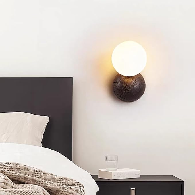 Modern Black Travertine Wall Sconce Glass Globe Shade Nordic Minimalist Wall Lamp Natural Volcanic Stone Sphere Wall Light for Bedside Hallway Home Decor Lighting