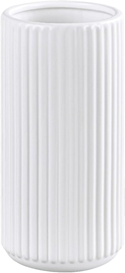 White Ceramic Flower Vase for Pampas Grass, 6 inch Small Decorative Centerpiece Ribbed Vase for Dining Table, Office Desktop, Shelf Bookshelf, Mantel, Bathroom, Countertop, Farmhouse, Gift
