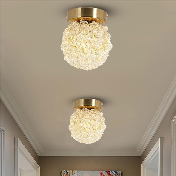 Modern Crystal Flush Mount LED Ceiling Light Brass Color Iron Electroplating Spherical Ceiling Lamp Small Hallway Entryway Corridor Decorative Lighting Fixture
