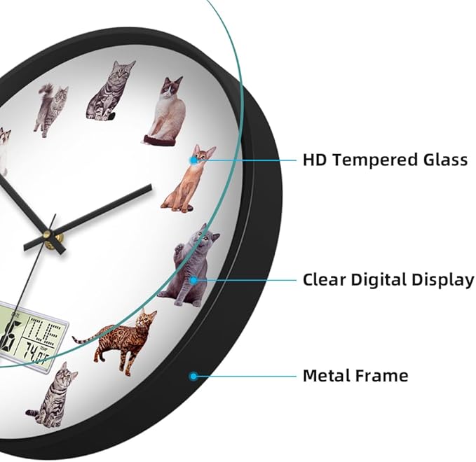 Large Display Modern LCD Clock with Calendar and Date Temperature Funny Cats Silent Battery Operated Digital Wall Clocks Non-Ticking Clock for Bathroom Kitchen Bedroom Living Room Decor 14 Inch