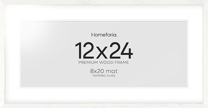 Homeforia 12x24 White Picture Frame, High End Oak 12x24 Wood Poster Frames with Mat 8x20 Photo, 12 x 24 White Wooden Frames Matted to 8 by 20, 24x12 Panoramic Frame, Tempered Glass, Wall Kit, Set of 1