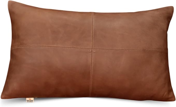 100% Lambskin Leather Pillow Cover - Sofa Cushion Case - Decorative Throw Covers for Living Room & Bedroom, 16X24 Inch - Antique Brown Plain Pack of 2