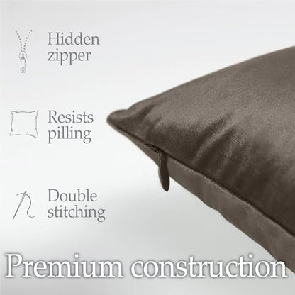 lalaLOOM Velvet Throw Pillow Covers, Set of 2, 18x18 Decorative Square Pillows Home Decor, Soft Accent Cases, Silky Machine Washable Pillowcases for Sofa, Couch, Bedroom, Living Room, Brown