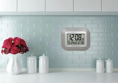 Westclox Large Digital Wall Clock with Date, Day & Temperature – Battery Operated Digital Clock with Alarm & Snooze, 12/24 Hour Display, Stylish Wall or Desk Clock for Home, Office & Bedroom (Gray)