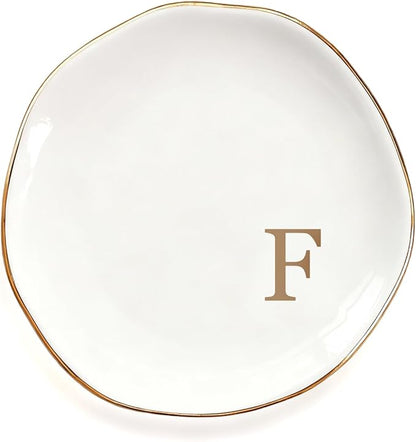 Fmeida Initial Jewelry Dish Holder Ceramic Jewelry Tray, Decorative Ring Dish for Earrings Necklaces Bracelet Valentines Christmas Birthday Wedding Gift for Women Mother Wife, 4.5", Rose Gold F