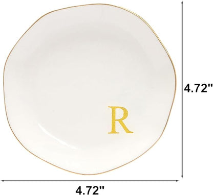 Ceramic Jewelry Tray Initial Ring Dish Personalized R-Monogrammed Engagement Wedding Gifts, for Birthday Mother's Day Christmas for Women, Ceramic White 4.75" (R)