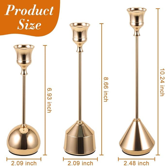 Elegant Vintage Champagne Gold Candlestick Holders, Set of 3 Taper Candle Holders with Weighted Base for Wedding, Dining Table, Holiday Decor