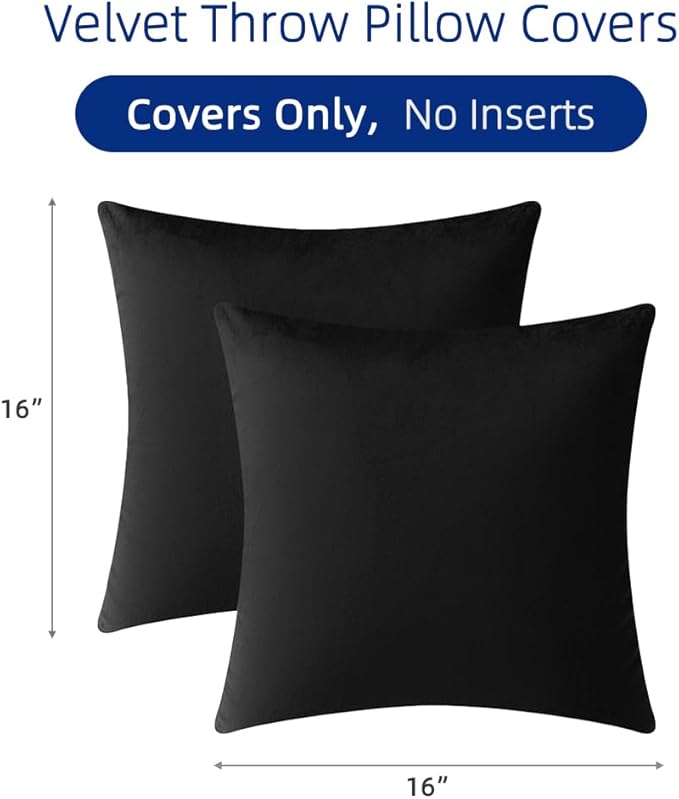 QUORGVES Black Velvet Pillow Covers 16x16 Inch Set of 2, Soft Solid Decorative Square Throw Pillow Covers, Decor Cushion Covers for Bed Sofa Couch Bedroom Living Room