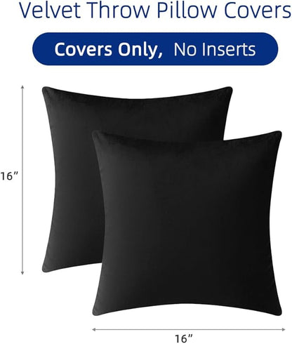 QUORGVES Black Velvet Pillow Covers 16x16 Inch Set of 2, Soft Solid Decorative Square Throw Pillow Covers, Decor Cushion Covers for Bed Sofa Couch Bedroom Living Room