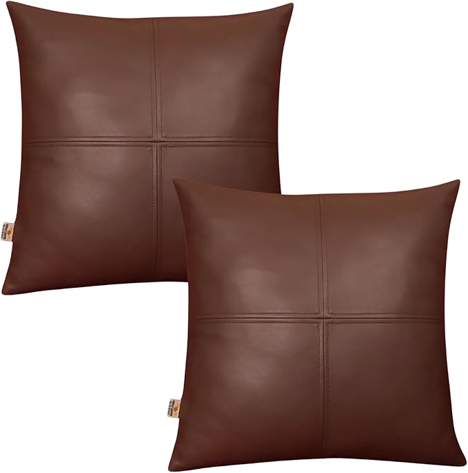 Lambskin Leather Pillow Cover, Hand Panel Stitched Leather Decorative Throw Pillow Covers for Couch Sofa Bed Living Room Garden (14x14 Inches, Dark Brown Pack of 2)