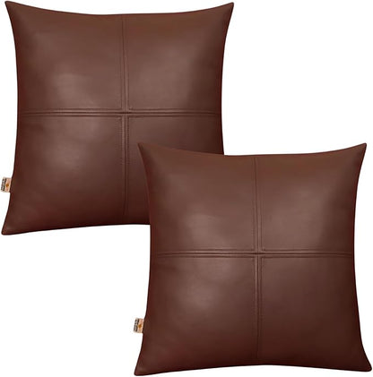 Lambskin Leather Pillow Cover, Hand Panel Stitched Leather Decorative Throw Pillow Covers for Couch Sofa Bed Living Room Garden (14x14 Inches, Dark Brown Pack of 2)