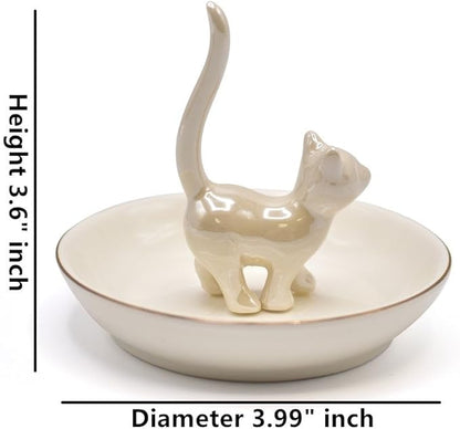 ROSA&ROSE Cat Ring Holder Trinket Tray Ceramic Jewelry Dish Porcelain Ring Organizer Gift for Women, Girlfriend or Valentine's Day (Pearl White)