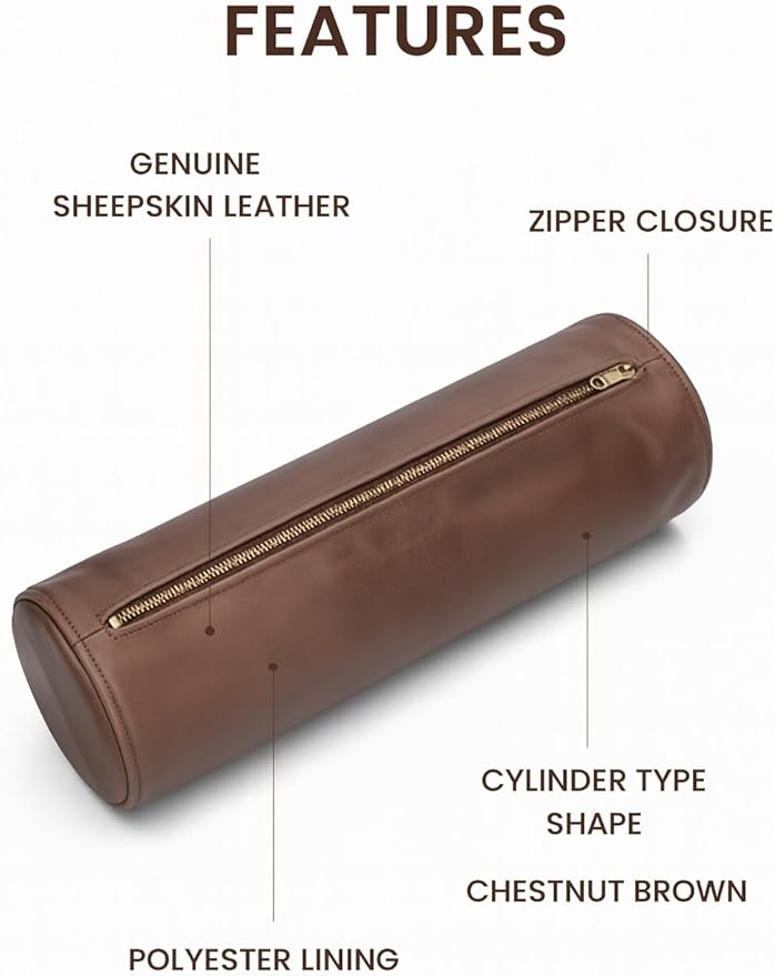Leather Cylindrical Cushion Cover – 100% Lambskin Round Bolster Pillow Cover | Handmade Ergonomic Roll for Head, Neck & Back | Decorative Home & Sofa Accessory (18" x 7")