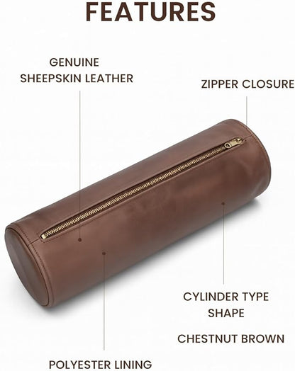 Leather Cylindrical Cushion Cover – 100% Lambskin Round Bolster Pillow Cover | Handmade Ergonomic Roll for Head, Neck & Back | Decorative Home & Sofa Accessory (18" x 7")