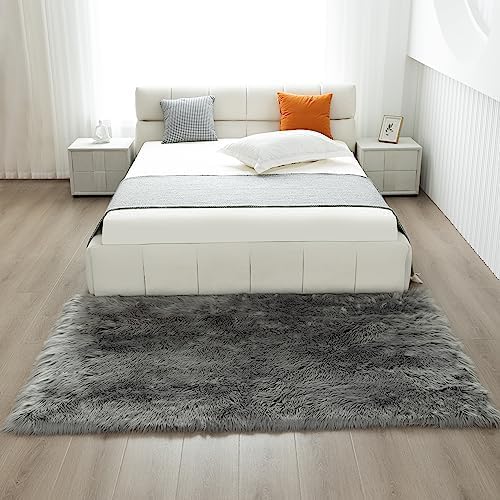Fluffy Faux Fur Rug Gery Sheepskin Area Rug,4x6 Ft Ultra Soft Shaggy Plush Rug for Bedroom Bedside Living Room Nursery Kids Room